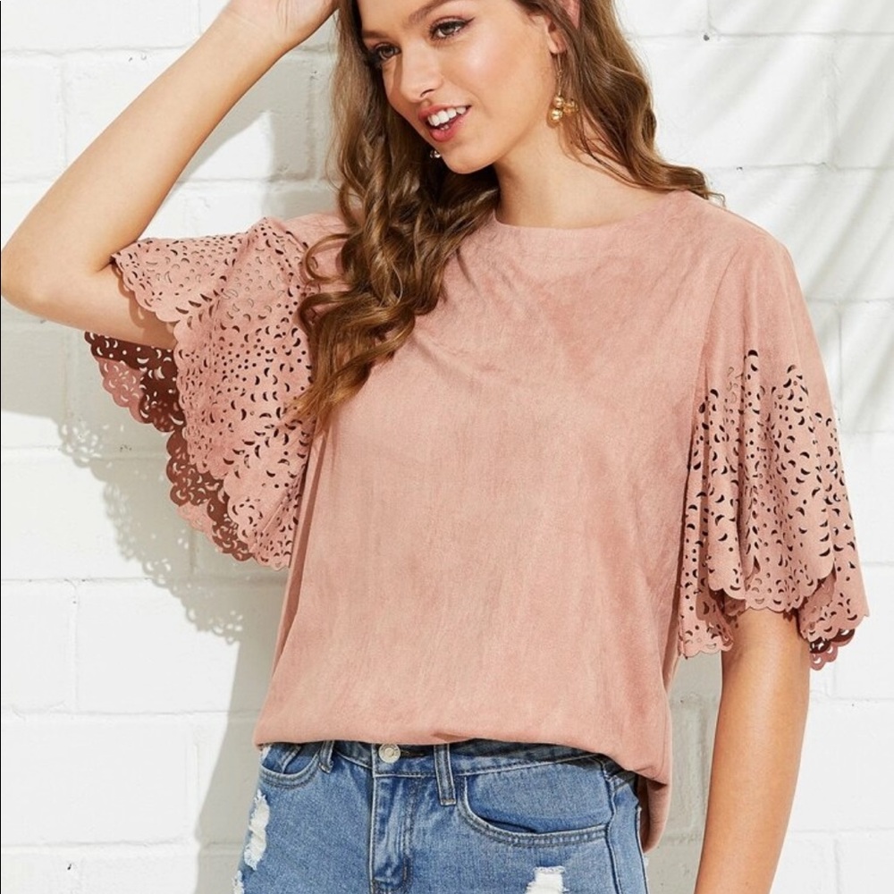 Pink Suede Flounce Sleeve Top